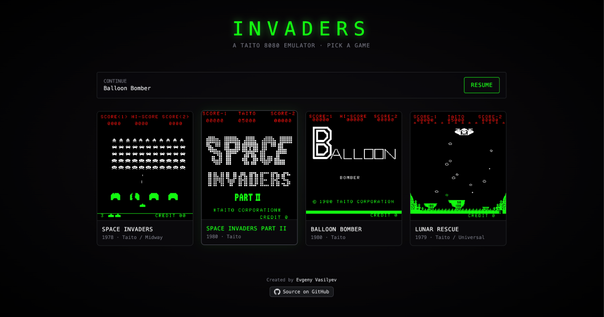 Taito 8080 Space Invaders Emulator